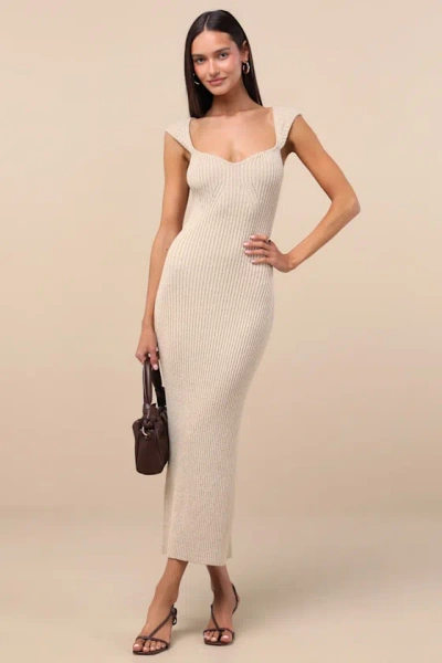 Lulus Chiara Beige Ribbed Knit Cap Sleeve Midi Dress
