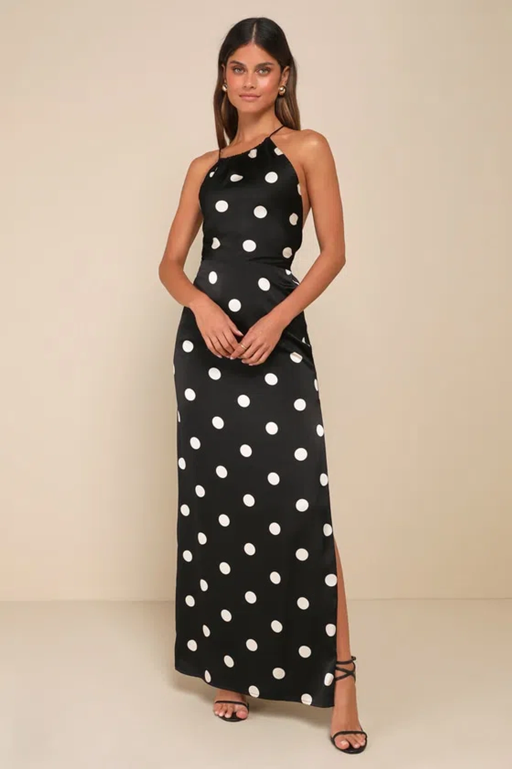 Lulus Chic Affection Black Polka Dot Satin Asymmetrical Maxi Dress |  ModeSens