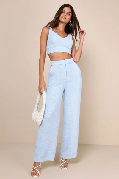 Lulus Chic And Sophisticated Light Blue Tweed Wide-leg Pants