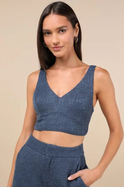 Lulus Chic And Sophisticated Navy Blue Tweed Cropped Tank Top