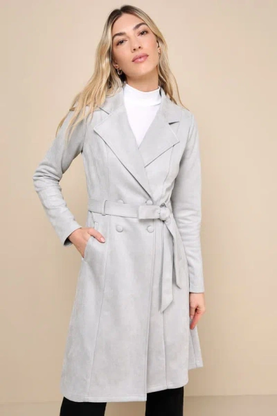 Lulus Chic Calling Light Grey Suede Trench Coat