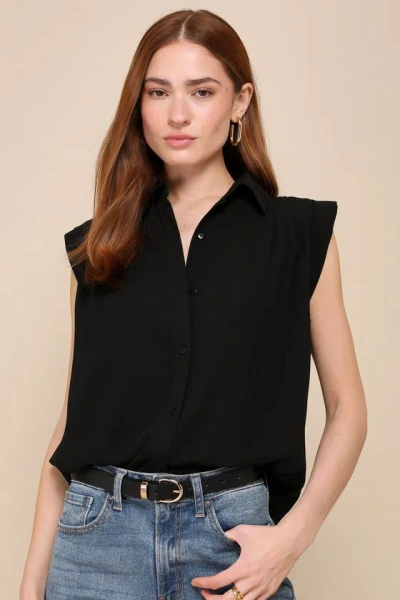 Lulus Chic Candidate Black Collared Sleeveless Button-up Top