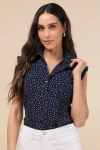 Lulus Chic Candidate Navy Polka Dot Collared Sleeveless Button-up Top In Navy