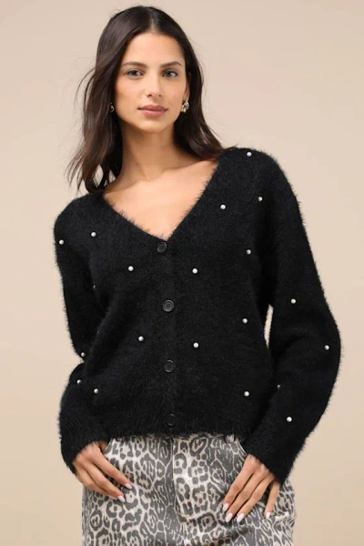 Lulus Chic Comforts Black Eyelash Knit Pearl Cardigan