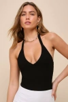 LULUS CHIC CONTENTMENT BLACK RIBBED SLEEVELESS HALTER BODYSUIT