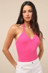 Lulus Chic Contentment Fuchsia Ribbed Sleeveless Halter Bodysuit