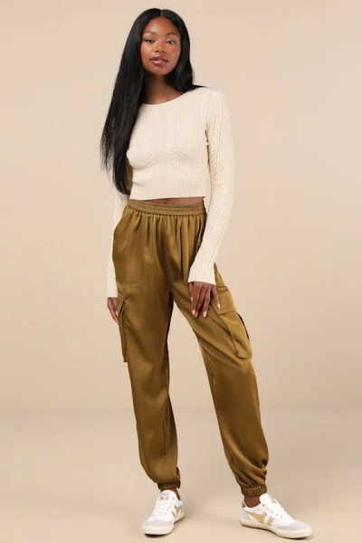 Lulus Chic Dedication Olive Green Satin High-rise Cargo Jogger Pants