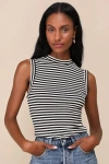 Lulus Chic Direction Cream And Black Striped Mock Neck Ribbed Tank Top In Black