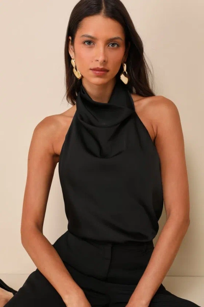Lulus Chic Event Black Satin Cowl Backless Halter Top