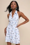 Lulus Chic Example Light Blue Floral Belted Collared Halter Mini Dress In Light Blue