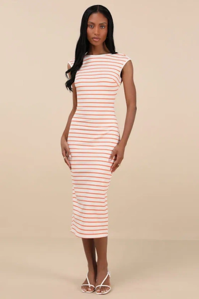 Lulus Chic Existence Ivory And Orange Striped Backless Midi Dress