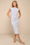 Lulus Chic Existence Ivory Striped Ribbed Backless Midi Dress In Ivory