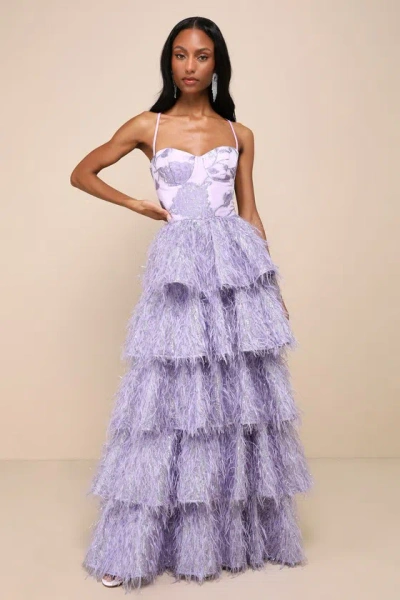 Lulus Chic Extravagance Lavender Jacquard Lurex Tiered Maxi Dress In Purple