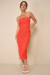 Lulus Chic Intent Bright Red Crochet Textured Strapless Midi Dress In Red