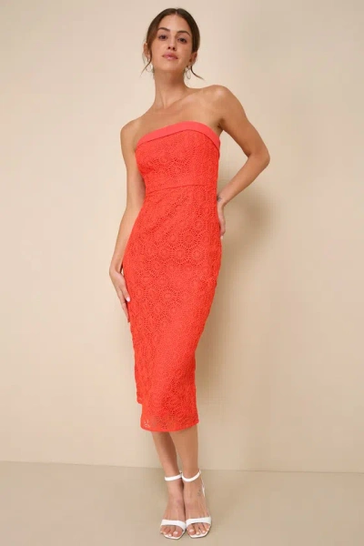 Lulus Chic Intent Bright Red Crochet Textured Strapless Midi Dress