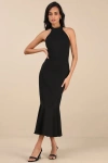 Lulus Chic Masterpiece Black Backless Trumpet Hem Midi Dress In Black