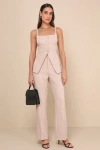 Lulus Chic Muse Beige High Rise Straight Leg Trouser Pants In Beige