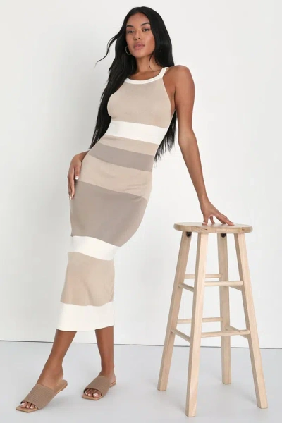 Lulus Chic Obsession Beige Striped Tie-back Sleeveless Sweater Dress