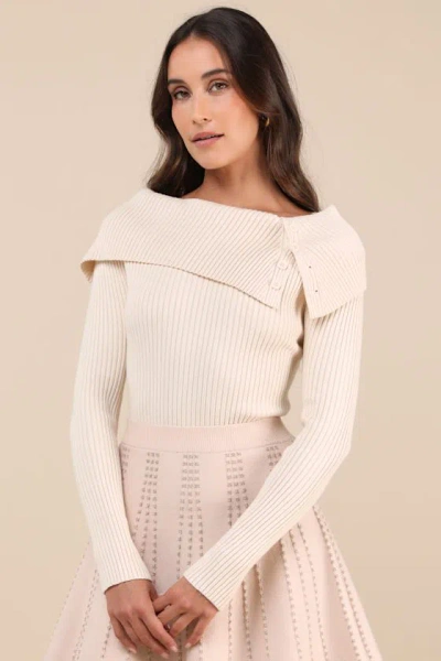Lulus Chic Outcome Cream Ribbed Knit Collared Sweater Top In White