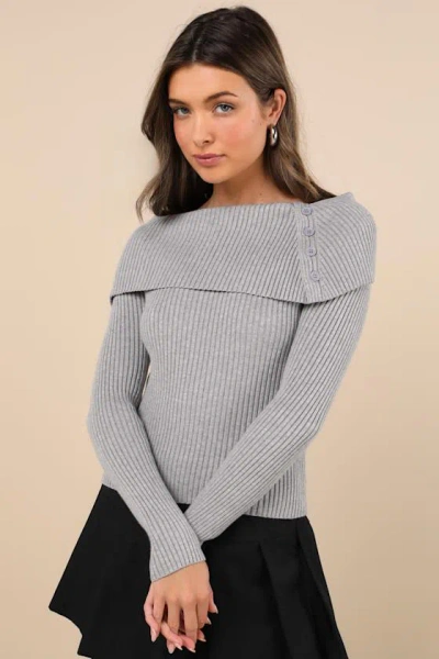 Lulus Chic Outcome Heather Grey Ribbed Knit Collared Sweater Top