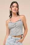 Lulus Chic Perception Olive Green Striped Button-front Halter Top In Olive Green