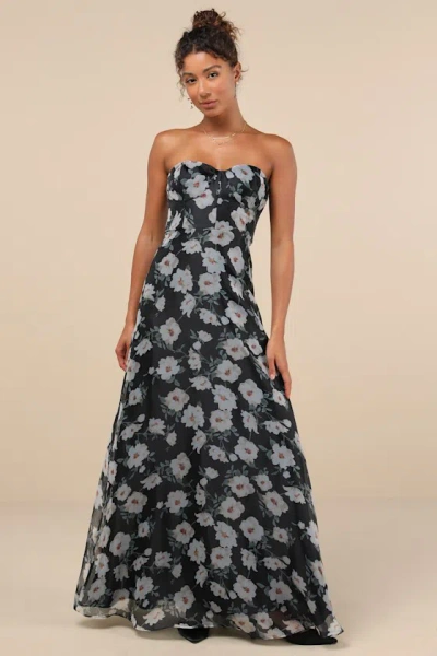 Lulus Chic Preciousness Black Floral Organza Bustier Maxi Dress