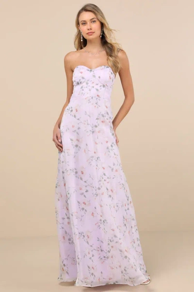 Lulus Chic Preciousness Lavender Floral Organza Bustier Maxi Dress In Purple