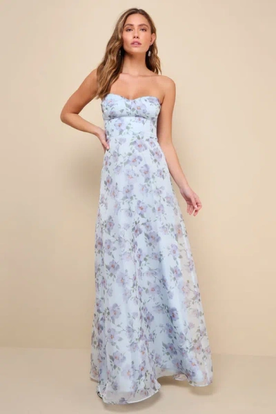 Lulus Chic Preciousness Light Blue Floral Organza Bustier Maxi Dress