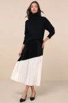 Lulus Chic Rarity Black And Ivory Color Block Satin Pleated Midi Skirt In Black And Ivory
