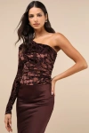 Lulus Chic Sense Dark Brown Burnout Velvet One-shoulder Top In Brown
