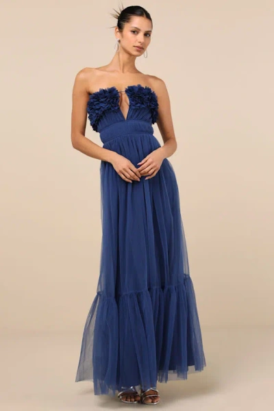 Lulus Chic Spectacle Navy 3d Applique Strapless Maxi Dress