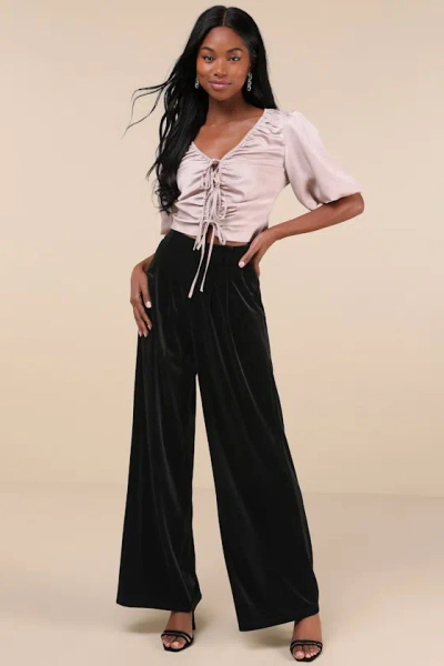 Lulus Chic Splendor Black Velvet Pleated High Rise Wide-leg Pants