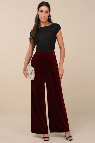 Lulus Chic Splendor Wine Red Velvet Pleated High Rise Wide-leg Pants