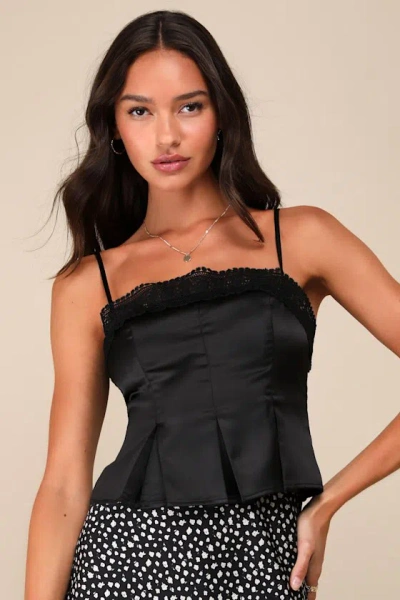Lulus Chic Trend Black Satin Pleated Cropped Lace Cami Top
