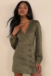 Lulus Chicest Aura Olive Green Suede Surplice Long Sleeve Mini Dress In Olive Green