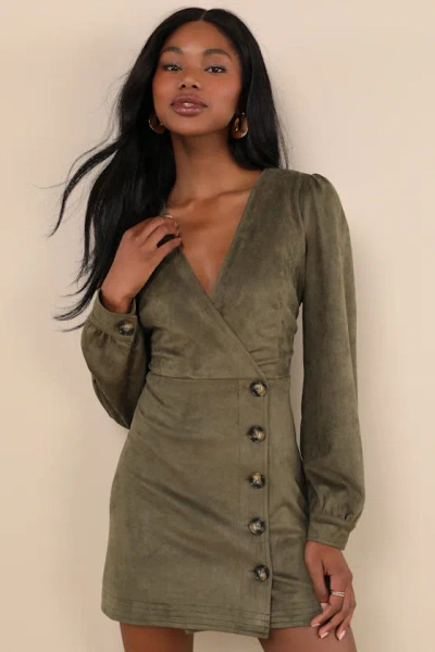 Lulus Chicest Aura Olive Green Suede Surplice Long Sleeve Mini Dress