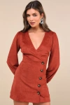 Lulus Chicest Aura Rust Suede Surplice Long Sleeve Mini Dress In Orange