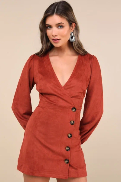 Lulus Chicest Aura Rust Suede Surplice Long Sleeve Mini Dress In Orange