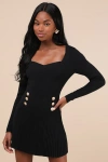 Lulus Chicest Crush Black Ribbed Long Sleeve Mini Sweater Dress In Black