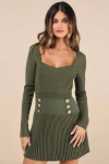 Lulus Chicest Crush Olive Ribbed Long Sleeve Mini Sweater Dress In Green
