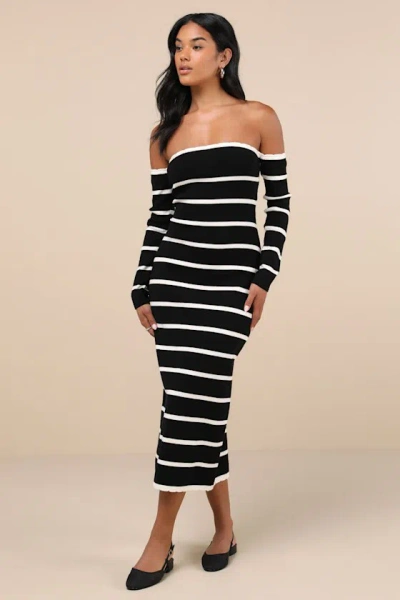 Lulus Chicest Side Black Striped Off-the-shoulder Midi Sweater Dress