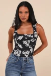 Lulus Chicly Elevated Black Floral Print Mesh Sleeveless Bodysuit In Black