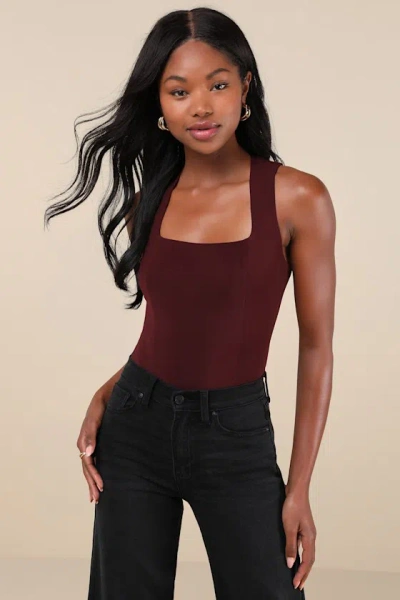 Lulus Chicly Elevated Dark Plum Mesh Sleeveless Bodysuit In Purple