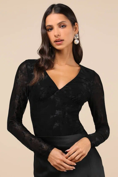 Lulus Chicly Mesmerizing Black Mesh Burnout Long Sleeve Bodysuit