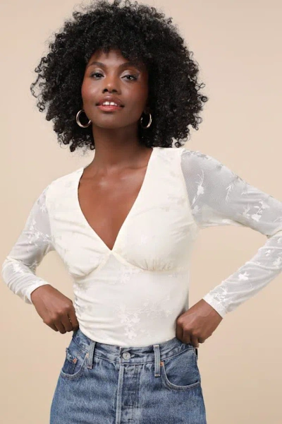 Lulus Chicly Mesmerizing Ivory Mesh Burnout Long Sleeve Bodysuit