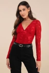Lulus Chicly Mesmerizing Red Mesh Burnout Long Sleeve Bodysuit In Red