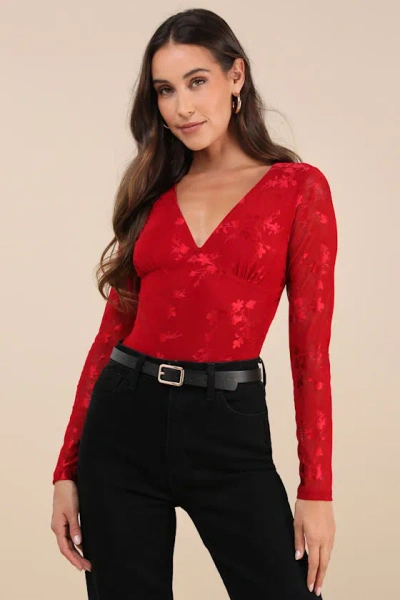 Lulus Chicly Mesmerizing Red Mesh Burnout Long Sleeve Bodysuit
