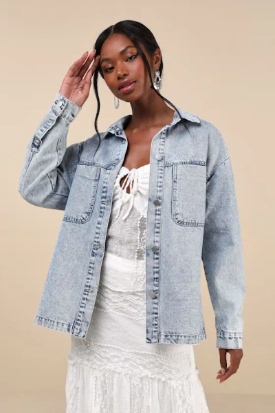 Lulus Chill Charm Light Wash Denim Button-up Shacket In Blue