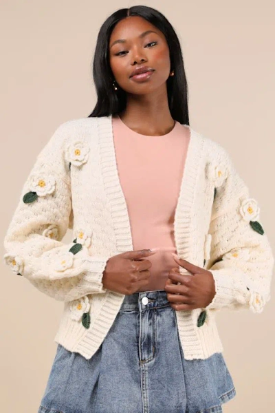 Lulus Chosen Charm Cream Knit Embroidered Cardigan Sweater In White