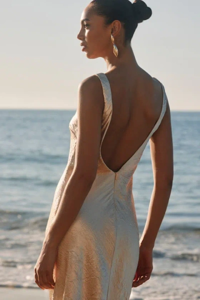 Lulus Christelle Champagne Crinkle Satin Backless Midi Slip Dress